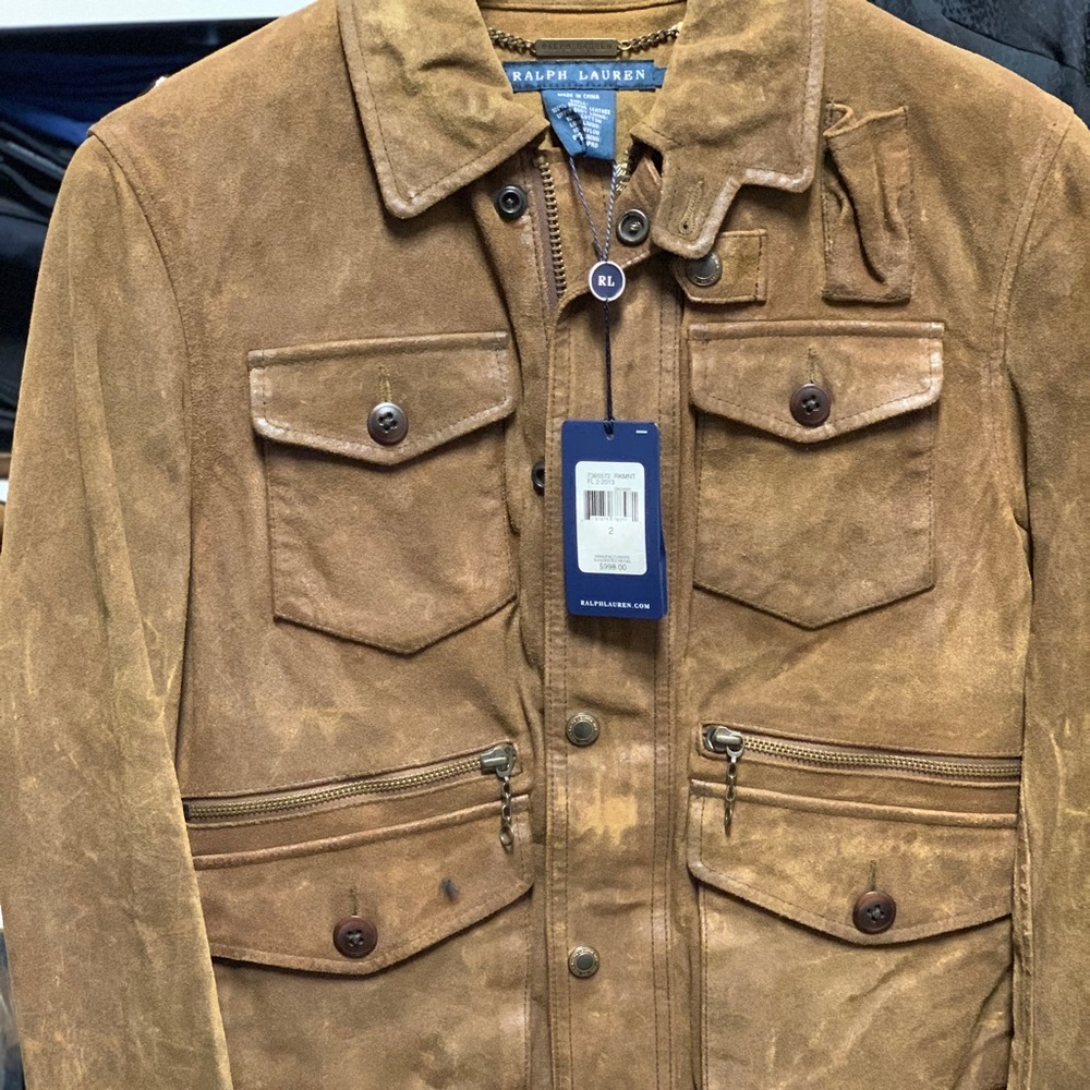 Female jacket tan with plaid leather interior